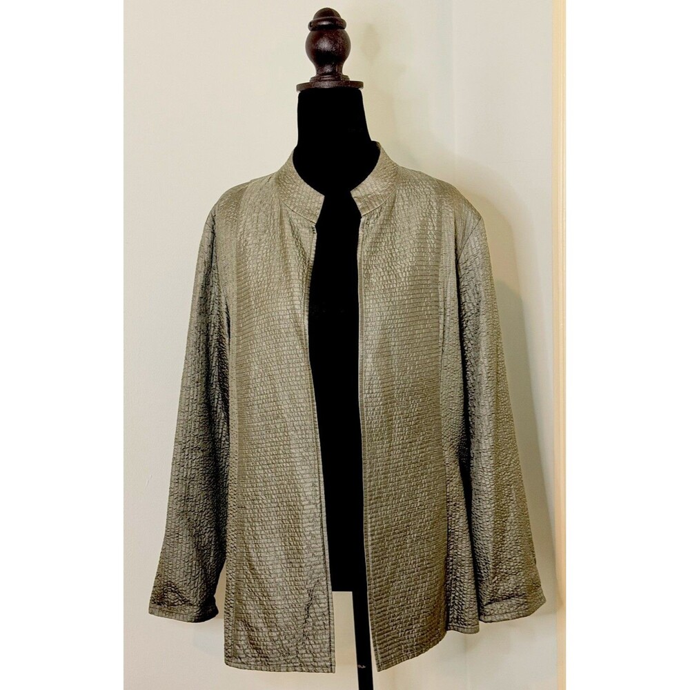 Eileen Fisher 100% Tussah Silk Open Front Jacket Crinkle Silver Gray Sz Med